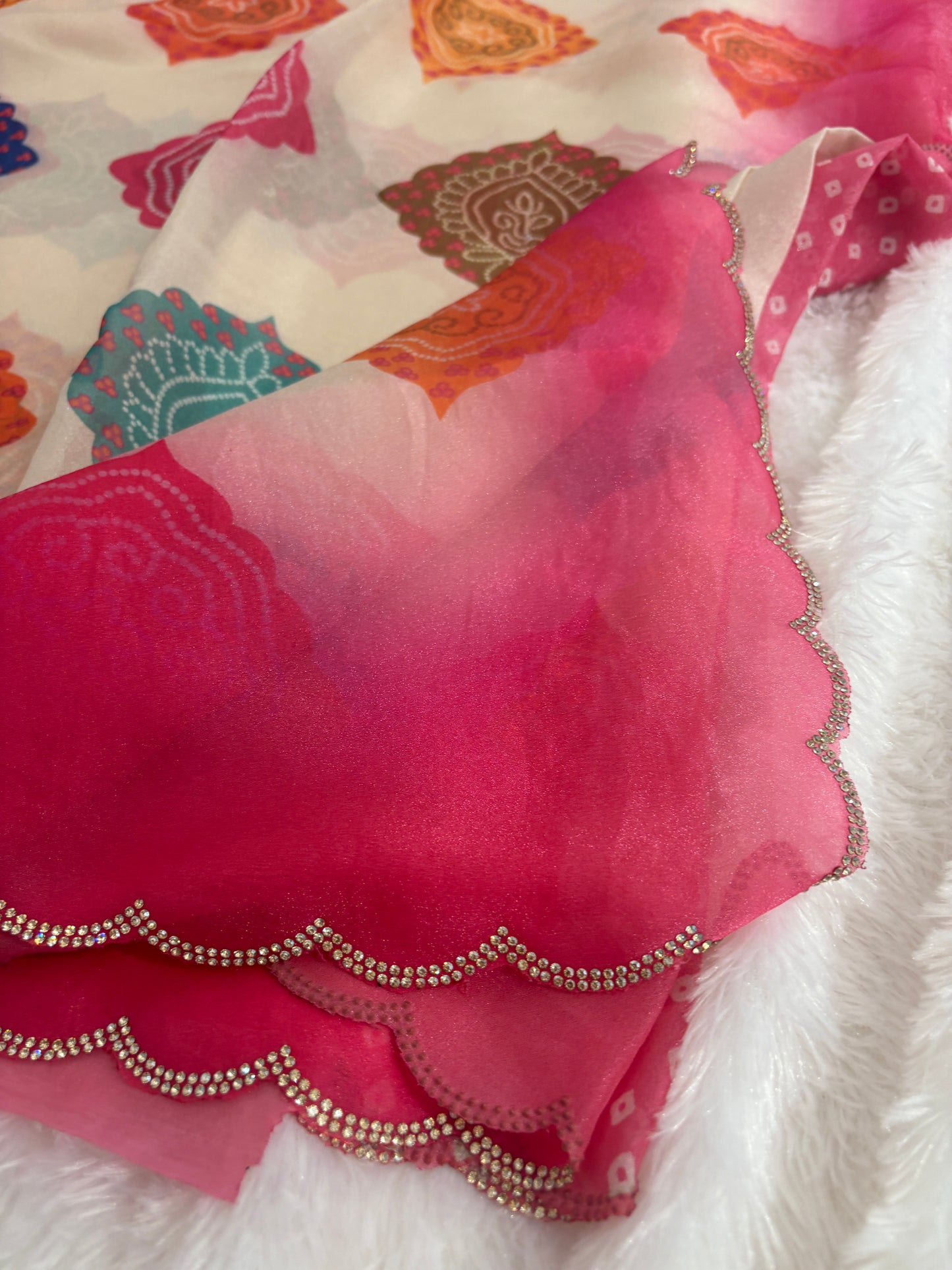 Off White Bandini Pastel Organza Designer Saree