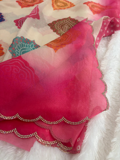 Off White Bandini Pastel Organza Designer Saree