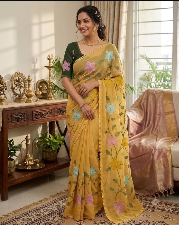 Start Georgette Saree With Embroidery Work-J30
