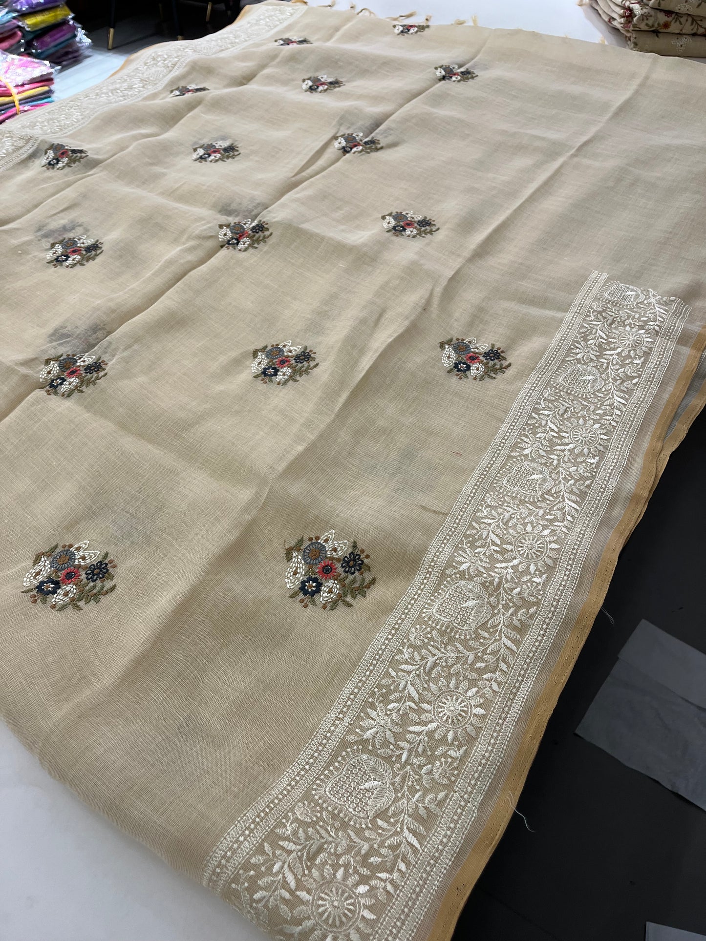 Linen embroidery fancy saree