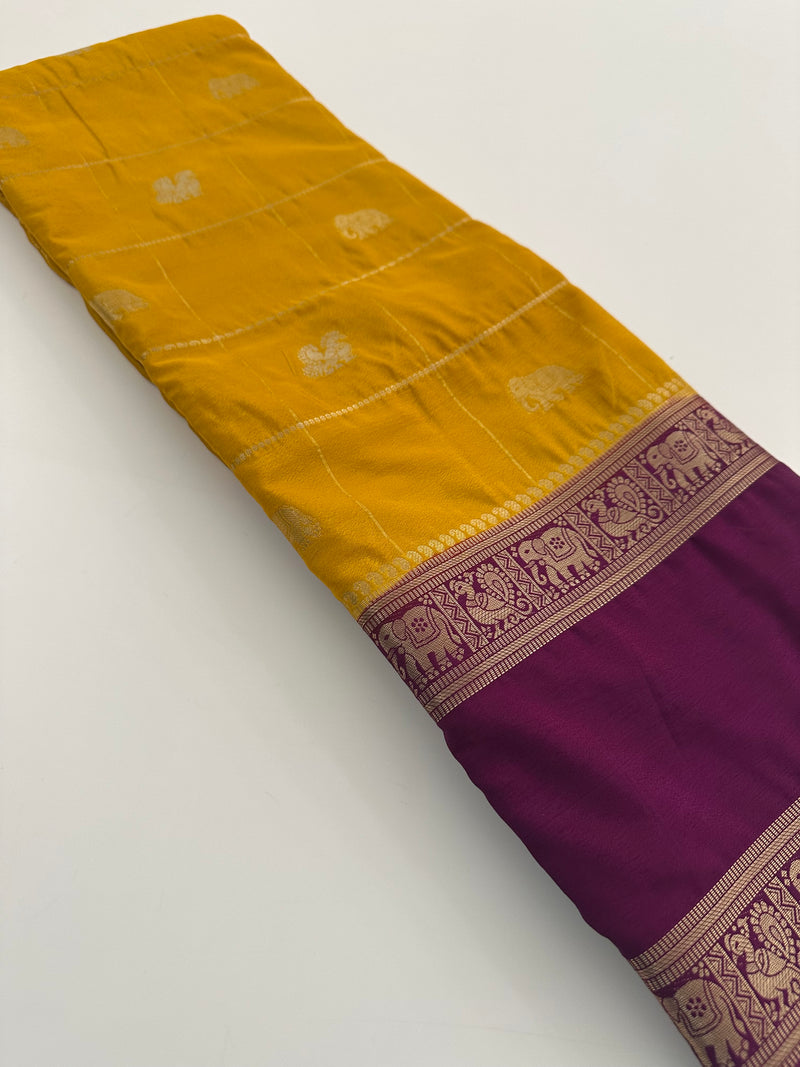 Premium Semi Mysore Silk sarees with silver and gold weavings and contrast blouse piece🌹-AU9