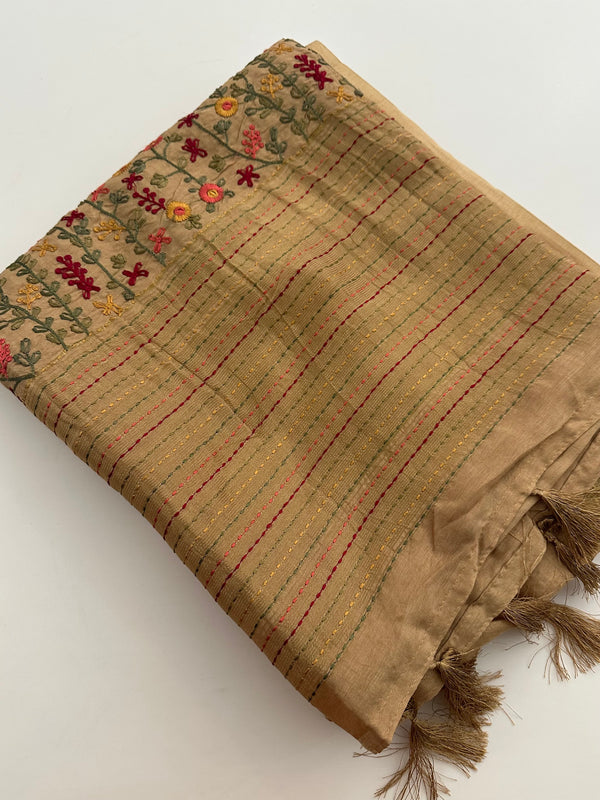 Pure Tussar Silk With Katha Work and Embroidery Buttas in Premium Finishing🦋 🌹-JU16