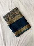 Peacock Blue Premium Mysore Silk Saree with Kalamkari Floral Brocade AU10