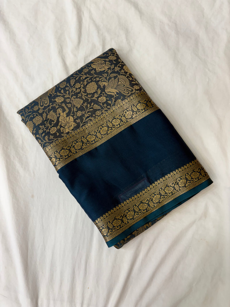 Peacock Blue Premium Mysore Silk Saree with Kalamkari Floral Brocade AU10