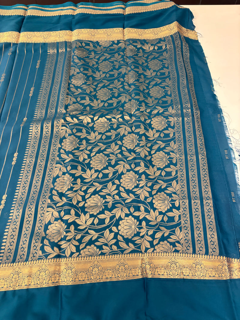 PEACOCK BLUE STRIPE SEMI CREPE SILK SAREE-J17