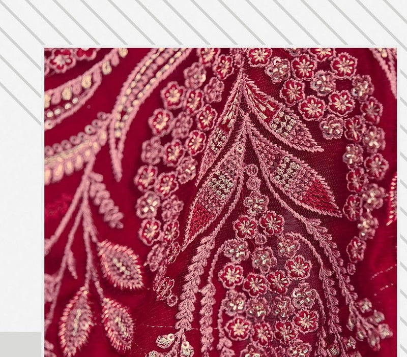 SW-1701 — CHERRY RED SARTIN SILK CHIFFON SAREE & BANGLORE WORK BLOUSE