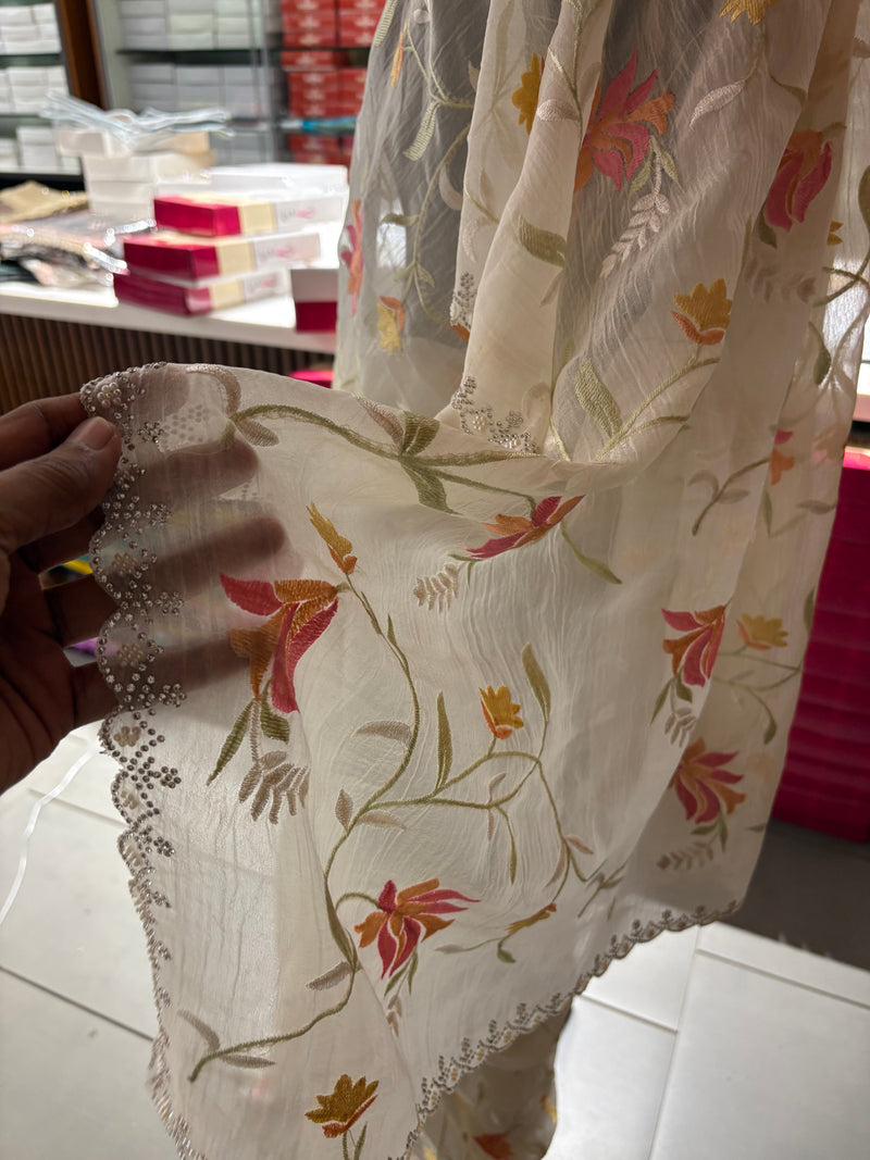 Creamy White Chiffon Designer Saree with Floral Embroidery and Stone Work Blouse JU24