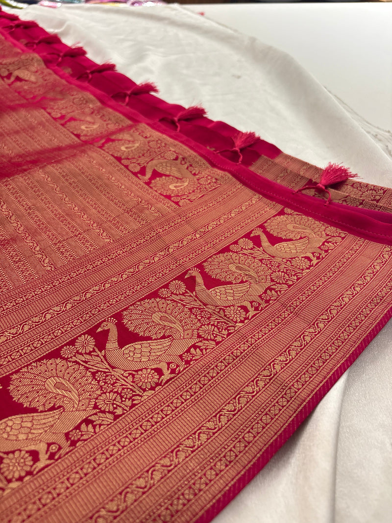 Rani pink crepe banaras saree with peacock buttas and big rich border,, comes with fancy self blouse,, beautiful feel fall fabric🌹 🌹-AU3