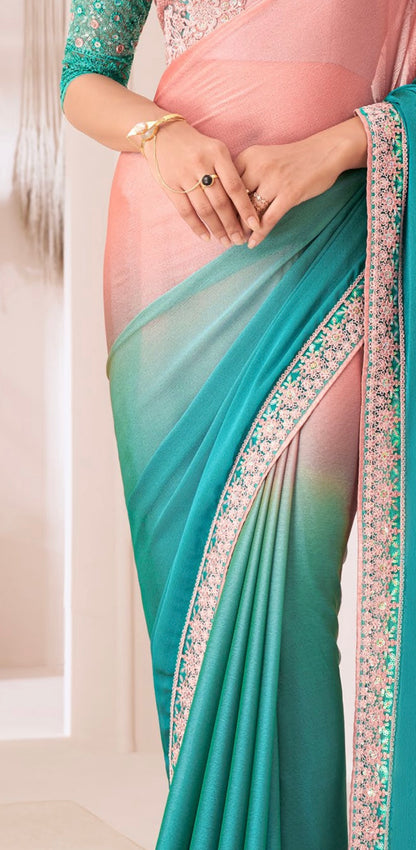 Turquoise  & Baby Pink Chiffon Georgette Designer Party Wear Saree-TFH SW 1311