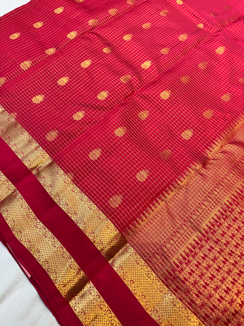 RANI PINK GOLD JARI MICRO CHECKS AND SMALL BUTTIES WITH BENTEX BORDER PUREMIX KANCHI SILK SAREE