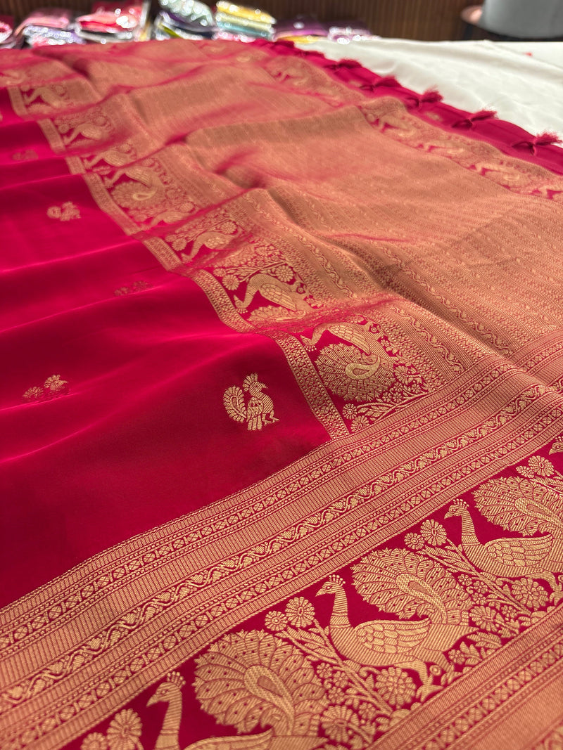 Rani pink crepe banaras saree with peacock buttas and big rich border,, comes with fancy self blouse,, beautiful feel fall fabric🌹 🌹-AU3