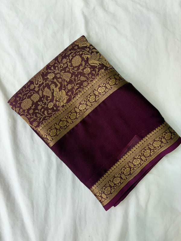 Wine Premium Mysore Silk Saree with Kalamkari Floral Brocade AU10