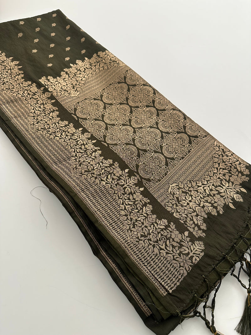 Venkatagiri fancy soft Linen Cotton sarees with self blouse and fancy Border and Butties all over 🌹-AU9