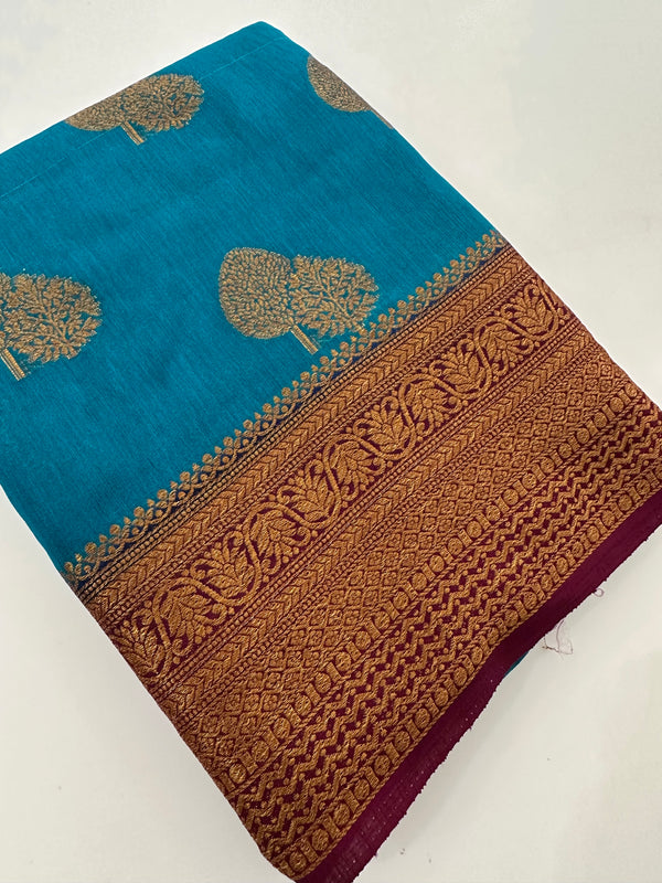 Blue x Purple Tussar Cotton Saree with Double Leaf Butta All Over JU24