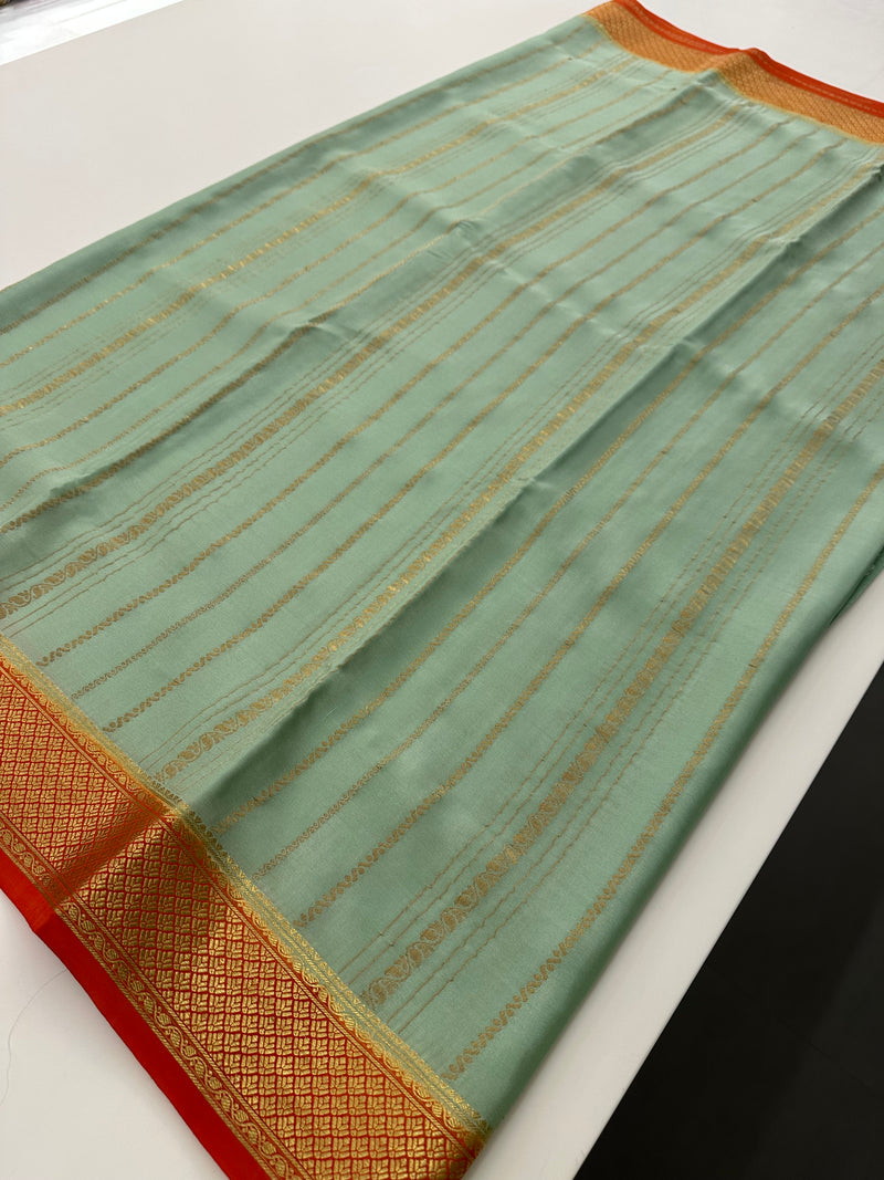 Pista Green x Orange Pure Mysore Crape Silk Saree - AU9