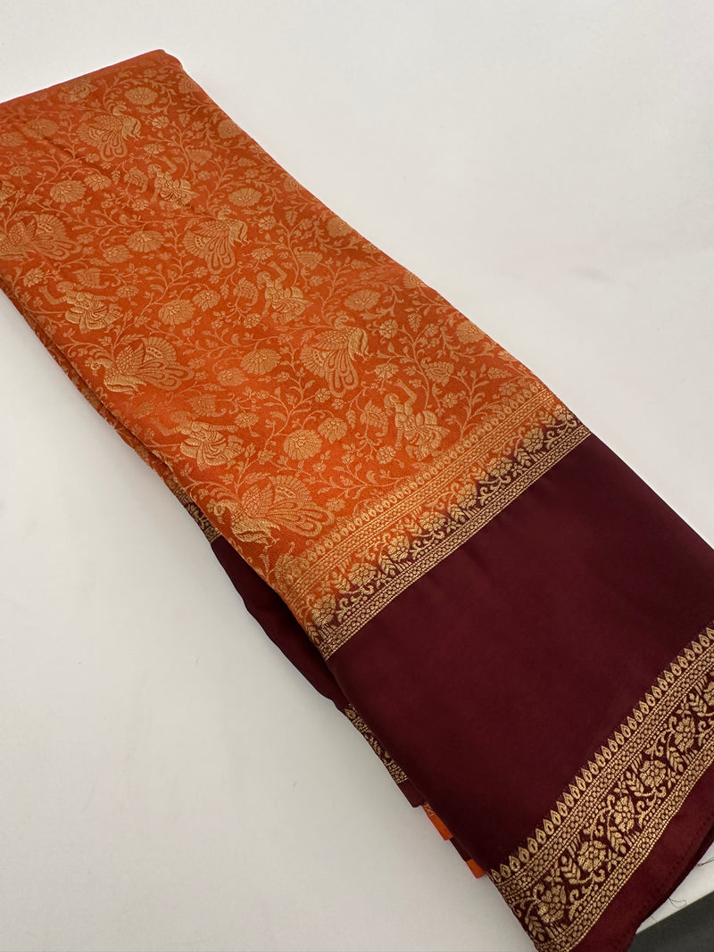 Crepe Silk Brocade Fancy Saree,, contrast border and contrast blouse piece 🌹 - AU10