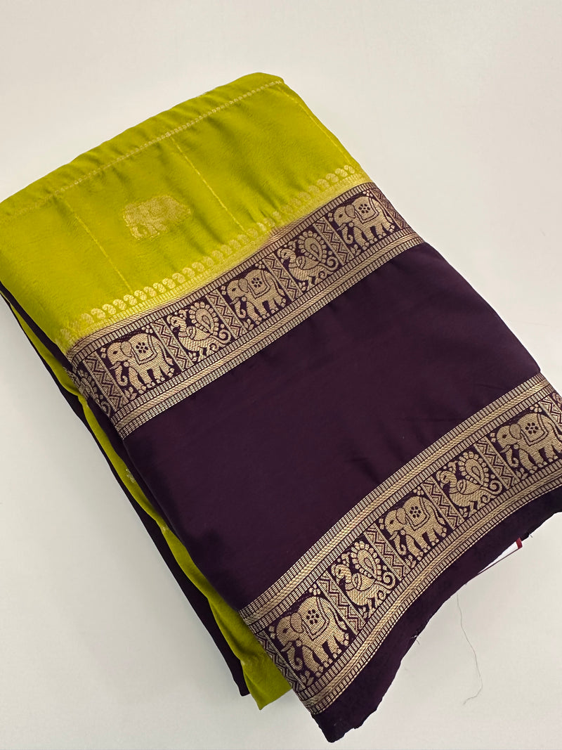 Premium Semi Mysore Silk sarees with silver and gold weavings and contrast blouse piece🌹-AU9