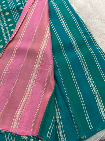 DESIGNER PARTYWEAR SAREE WITH CONTRAST BLOUSE-SAPPHIRE BLUE X BABY PINK