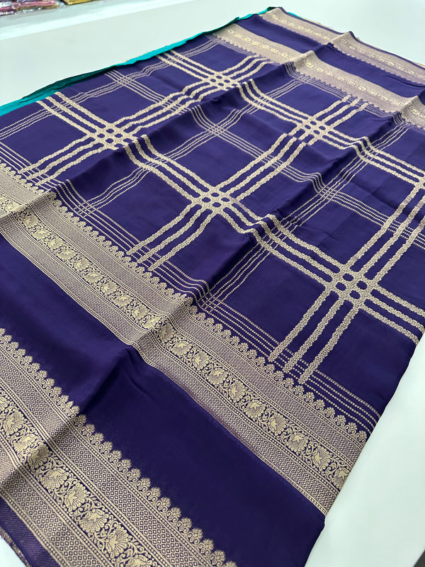 Navy Blue Premium Striped Semi Mysore Silk Saree with Contrast Blouse - AU9