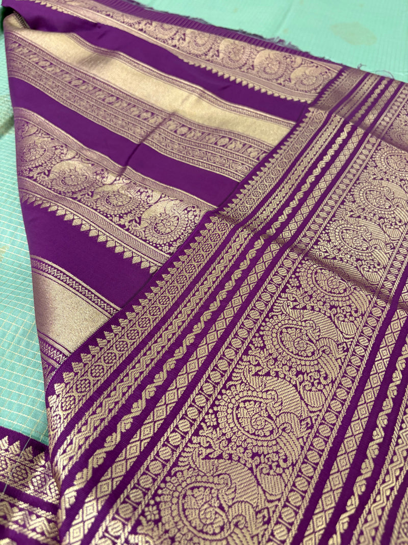 JU18 - Pista X Purple Checks Semi Silk Saree