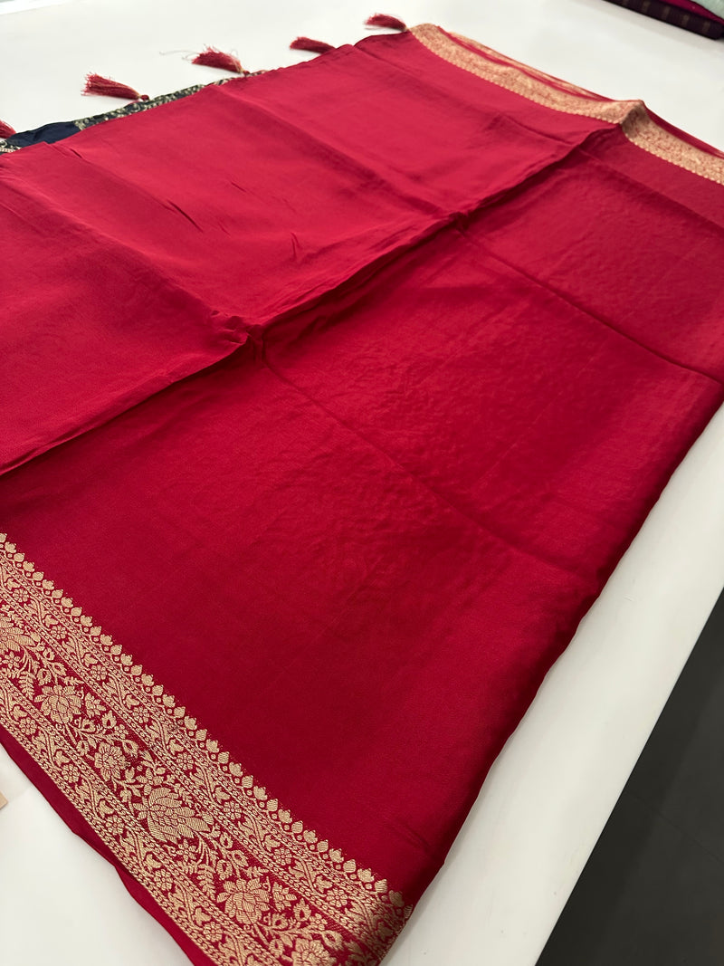 Pink Banarsi Crape Silk Fancy Saree contrast embroidery blouse piece-AU24