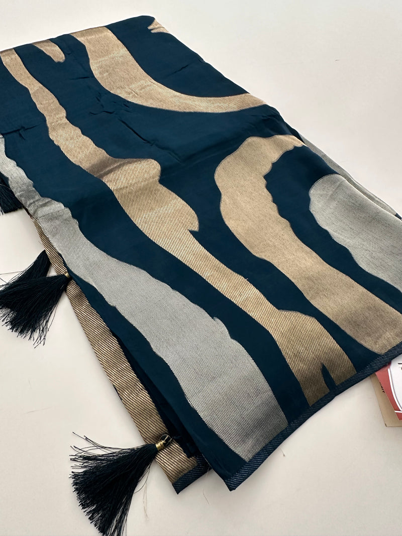Peacock Blue Designer Chinnon Silk Saree – Zigzag Design AU24