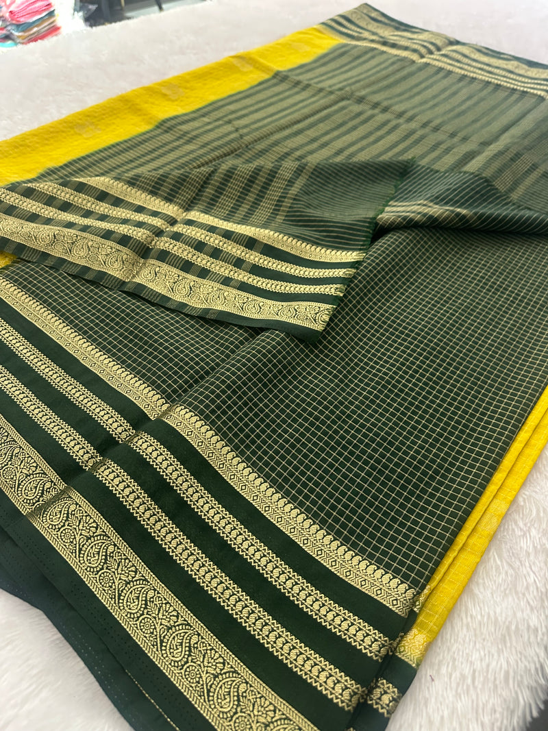 Semi Crepe Checks Saree - Yellow x Bottle Green AU25