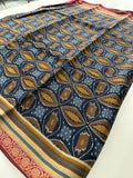 Soft Lightweight Printed Cotton Saree - Blue Mustard Yellow Print - AU27