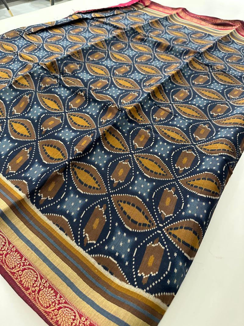 Soft Lightweight Printed Cotton Saree - Blue Mustard Yellow Print - AU27
