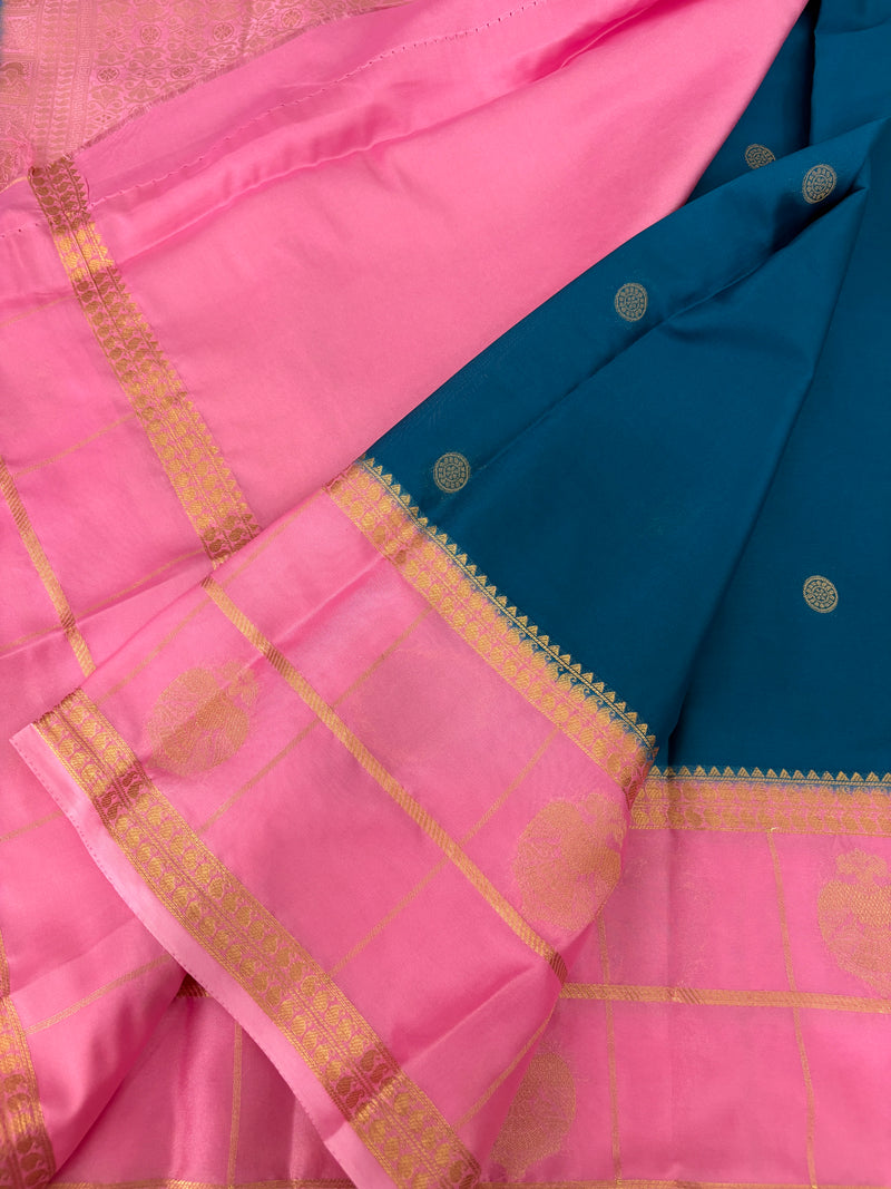 Semi Crepe Silk Saree - Peacock Blue x Baby Pink (J29)
