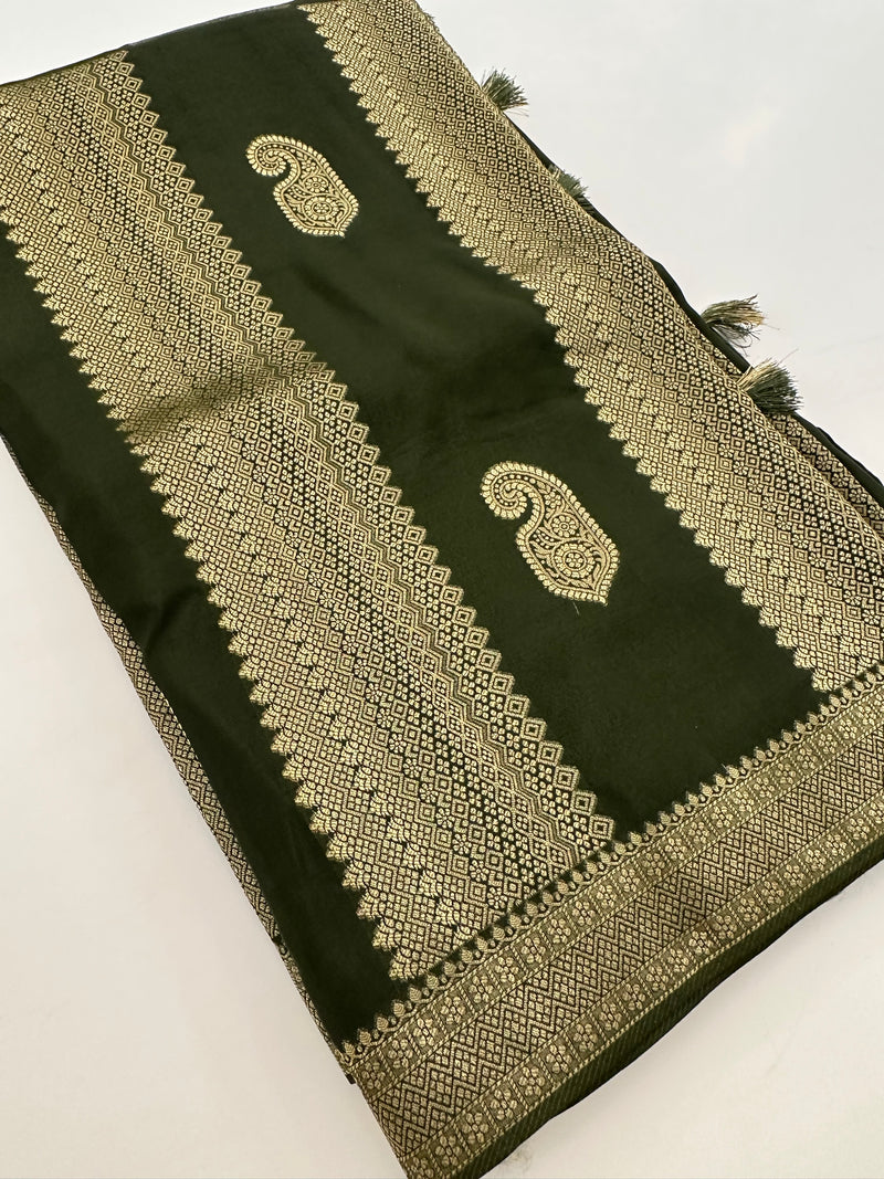 Olive x Yellow Tussar Designer Saree with Mango Butta All Over JU24