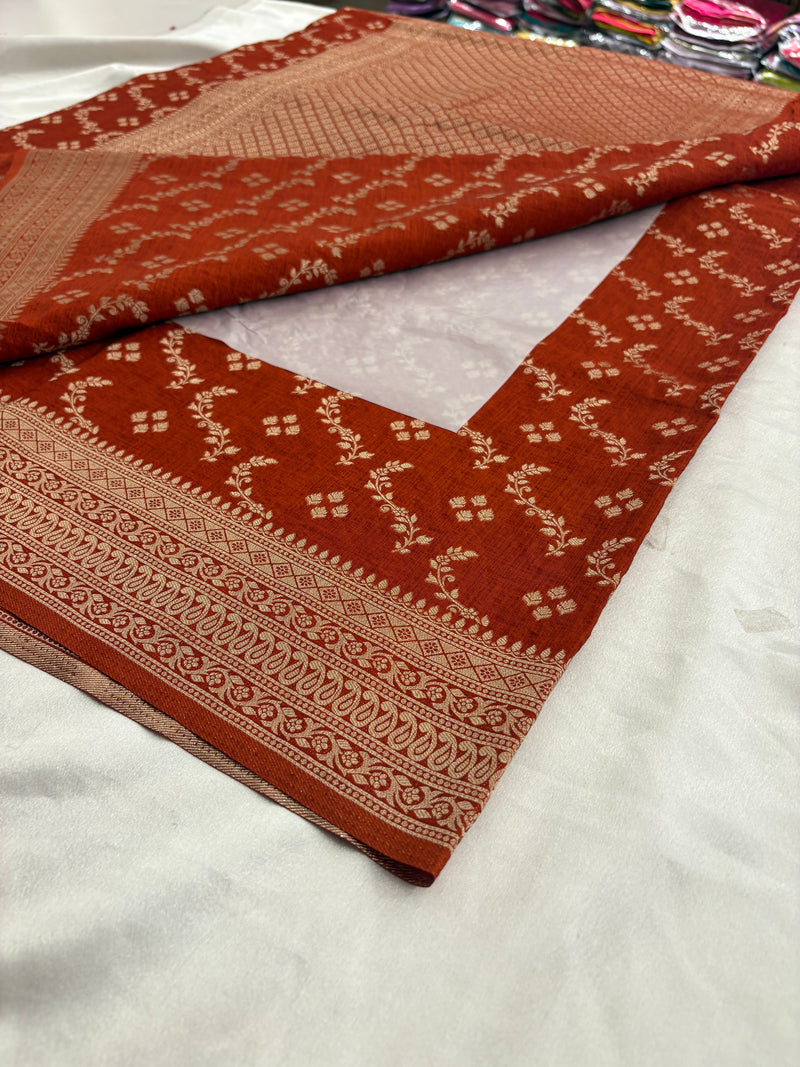 Rust Heritage Linen Designer Saree with Butta Design 🌹-AU2