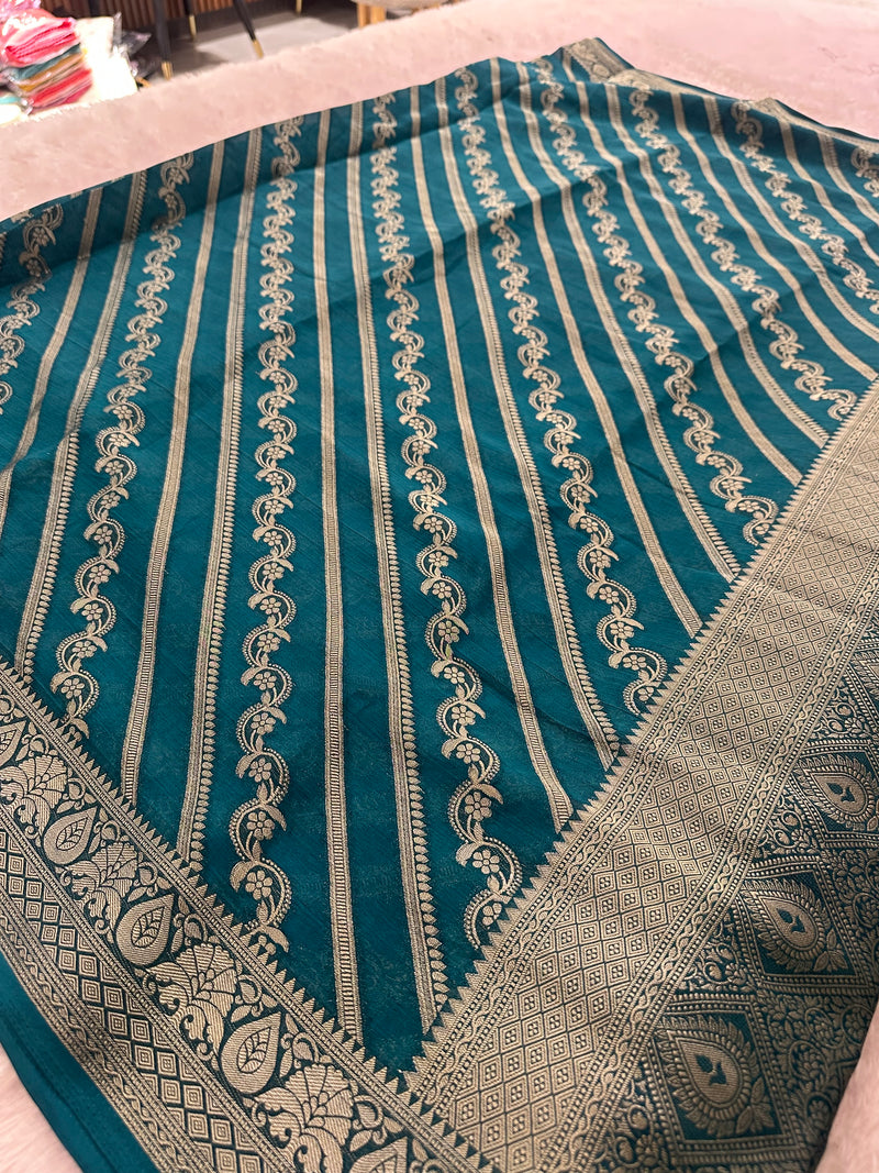 Premium Laser Chiffon Saree – Peacock Blue AU26