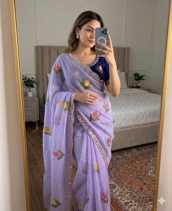 Soft Rangoli silk saree with embroidery work all over saree and beautiful  flower  design and real  mirror work with cut work border    Blouse - beautiful contract rangoli silk blouse with embroidery work