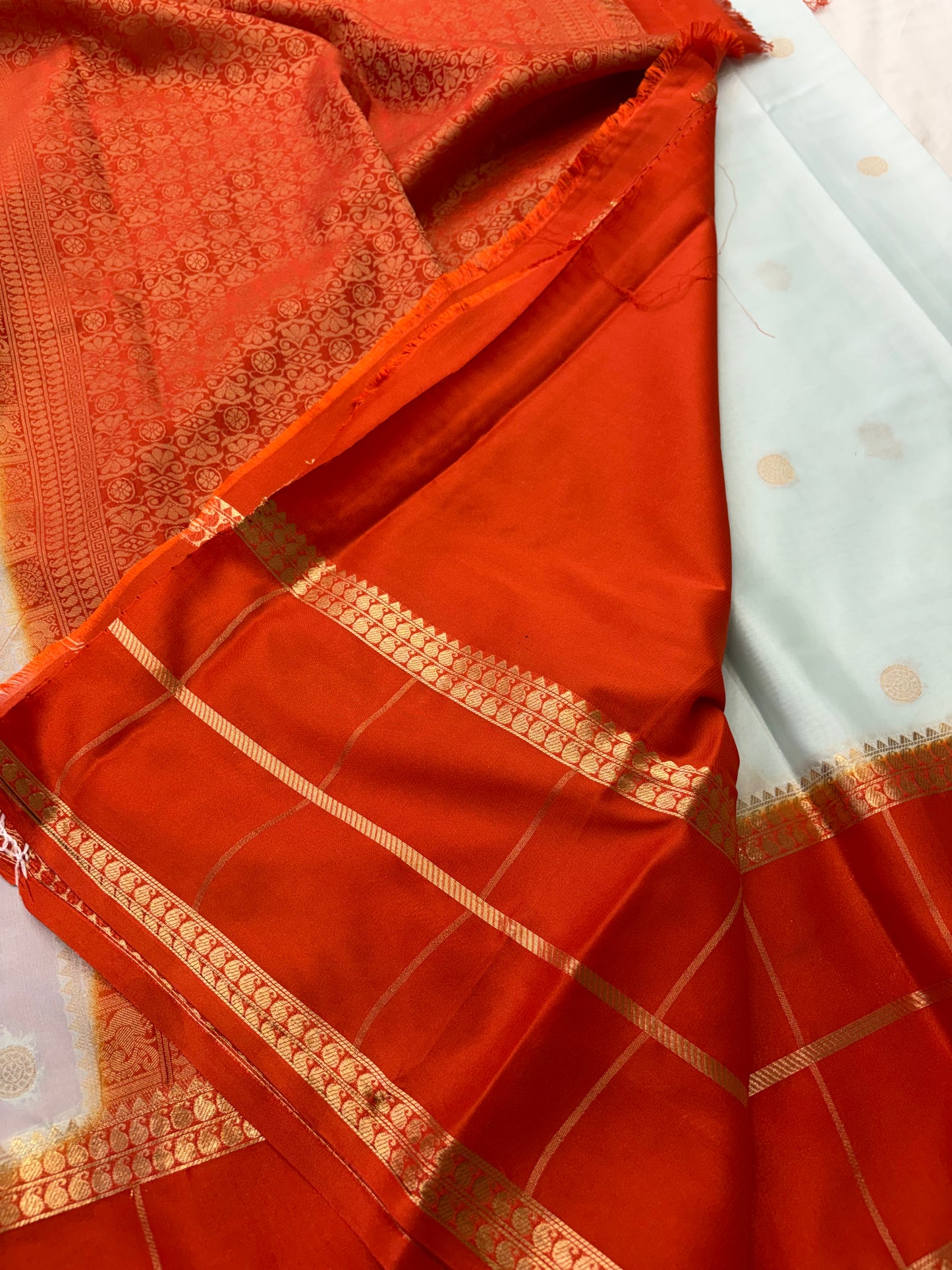 Light Blue X Orange Premium Semi Mysore Crape Silk Saree- JU16