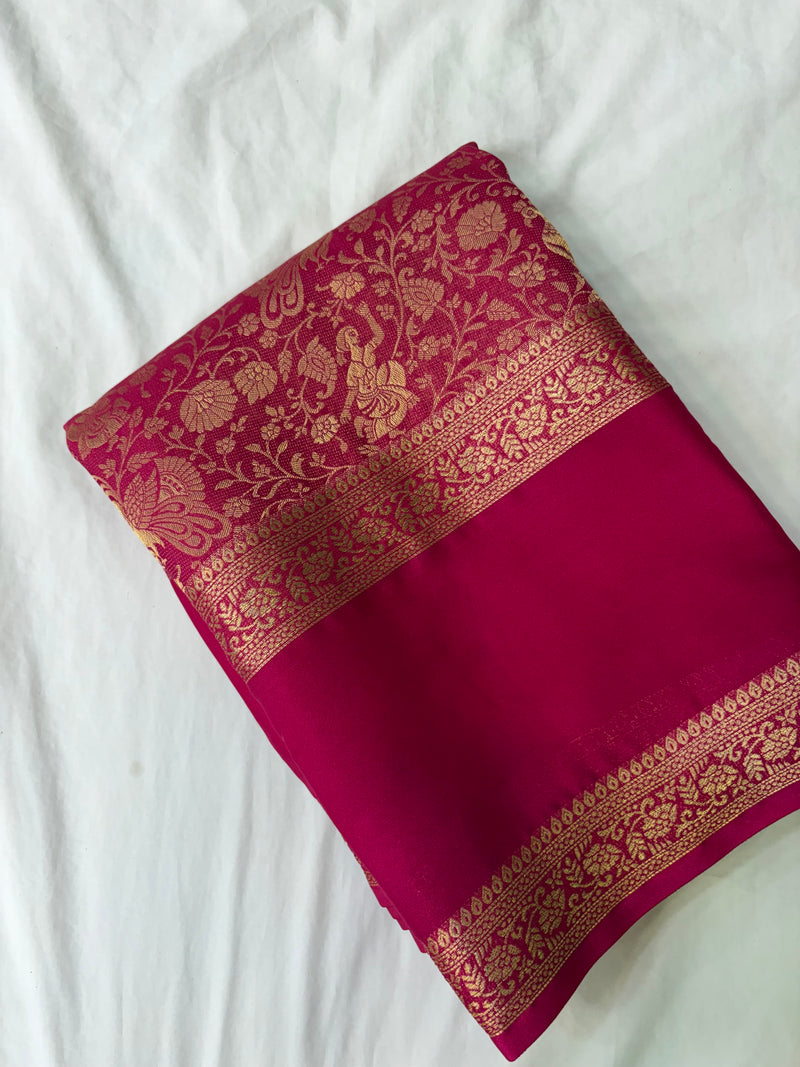 Rani Pink Premium Mysore Silk Saree with Kalamkari Floral Brocade AU10