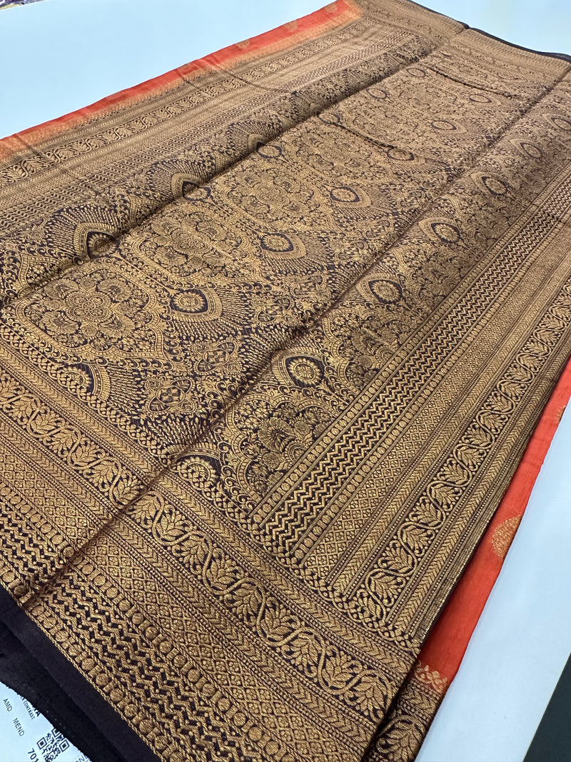 Rust Orange x Brown Tussar Cotton Saree with Double Leaf Butta All Over JU24