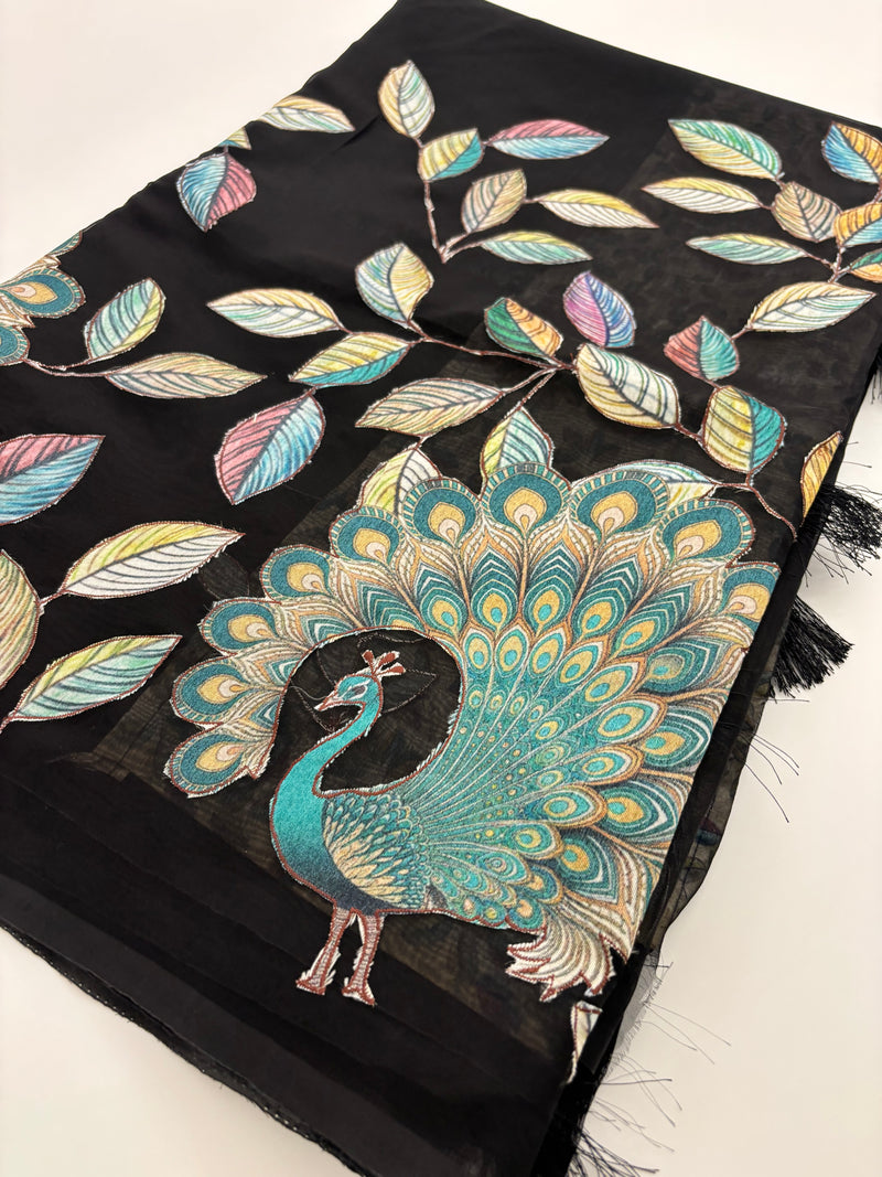Black Patch Work Netted Kora Fabric Designer Saree