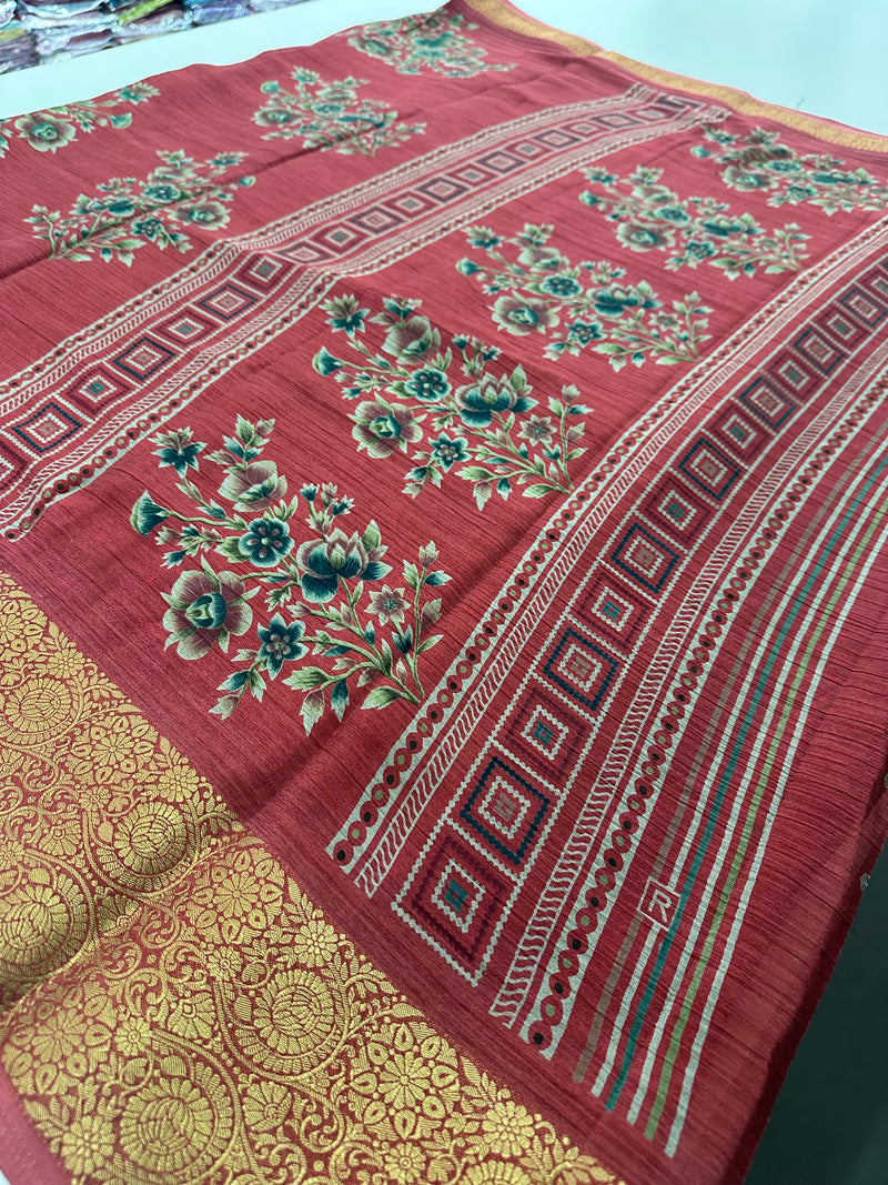 Crush Crape Chiffon Printed Sarees With self Butti Printed Blouse Piece🌹- J29