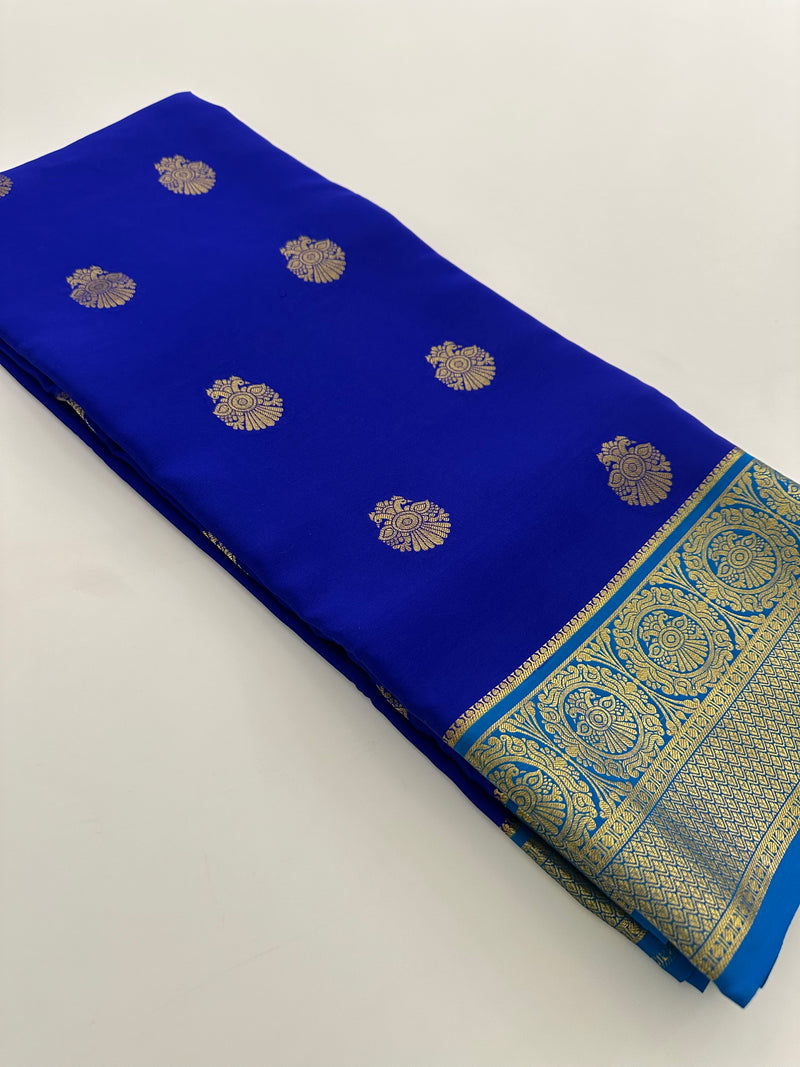 Royal Blue Garuda Pattern Pure Mysore Silk Saree - AU10
