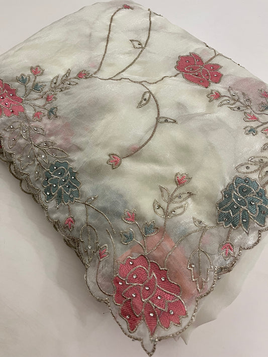 MILKY WHITE DESIGNER ORGANZA SAREES J31