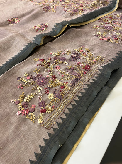 Designer linen  saree full embroidery