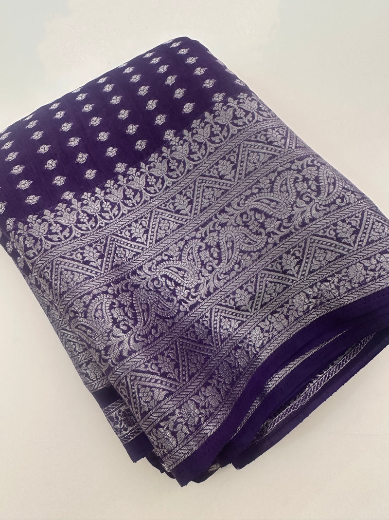 Silver 1000 Butties Fancy Saree,, comes with rich silver pallu and silver brocade style blouse pice🌹-AU13