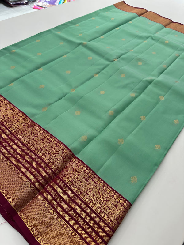 Teal Blue x Wine Pure Kanjeevaram Silk Saree - AU10