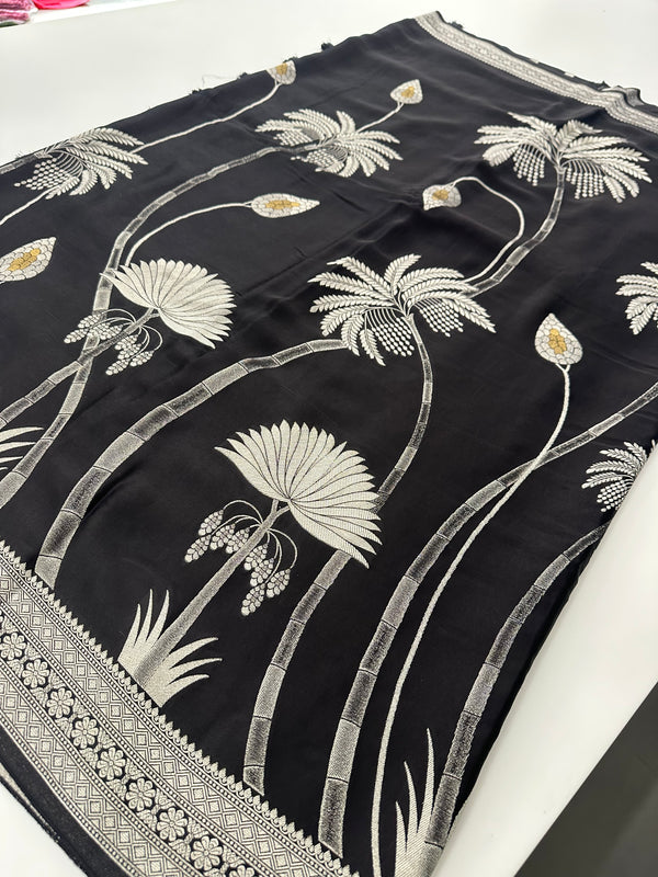 Black Pure Banarasi Crepe Silk Saree with Tree Design Silver Weaving - AU15