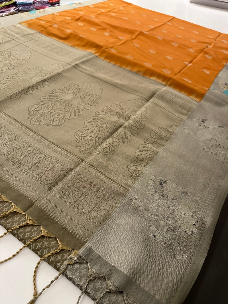 🌹4 shades of semi kanchi soft silk sarees in beautiful combinations in contrast blouse🌹