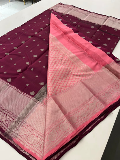 Wine X Baby pink Puremix silk saree