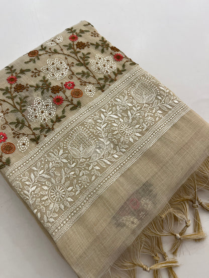 Linen embroidery fancy saree