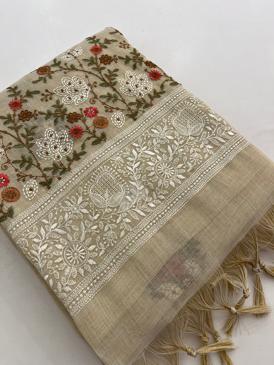 Linen embroidery fancy saree