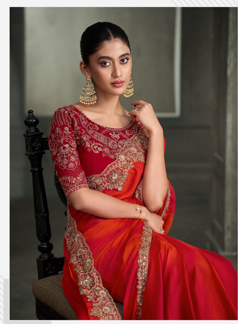 SW-1704 — BLENDED RED & ORANGE CHIFFON SAREE & GEORGETTE WORK BLOUSE